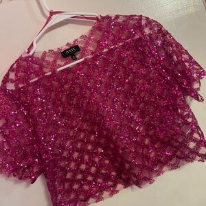 NWOT JULIA Pink Sequin See Through Crosshatch Crop Top (L)